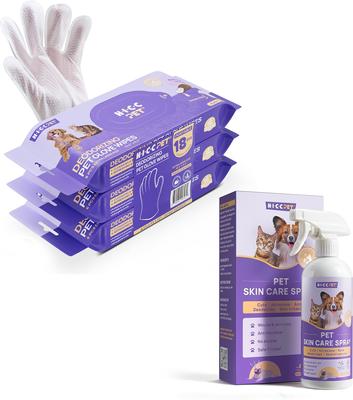 Bundle: HICC PET Portable Deodorizing Glove Grooming Wipes, Rose Scented, 6 count, 3 pack + Skin Care Relief Cat & Dog Spray, 16-oz bottle
