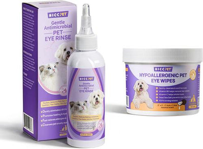 Paquete: Enjuague ocular antimicrobiano suave HICC PET, botella de 5.1 onzas líquidas + Toallitas hipoalergénicas para ojos de perros y gatos, 100 unidades