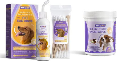 Bundle: HICC PET Antibacterial Ear Rinse with Cotton Swabs, 4-fl oz bottle + Relief Ear Finger Dog Cat & Small Pet Wipes