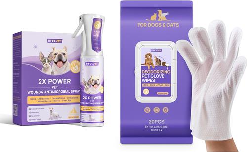 Bundle: HICC PET Deodorizing Glove Wipes, 20 count + 2X Power Wound & Antimicrobial Cat & Dog Skin Treatment Spray, 10.1-oz bottle