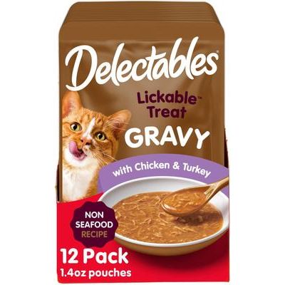 Delectables Lickable Treat Gravy - Paquete variado de premios para gatos sin mariscos, bolsas de 1.4 oz, 12 unidades