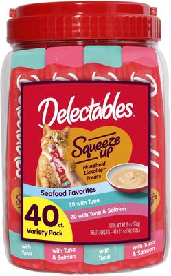 Delectables Squeeze Up - Paquete variado de premios para lamer sin cereales para gatos, tubo de 0.5 oz, 72 unidades