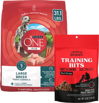 Paquete: alimento seco Purina ONE SmartBlend para cachorros de razas grandes + premios de entrenamiento suaves y masticables sin cereales con receta de carne de res American Journey