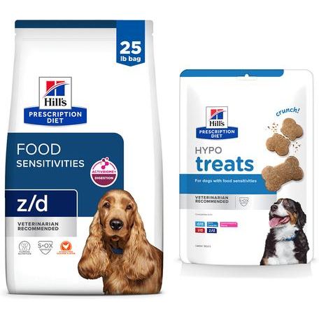 Paquete: alimento seco Hill's Prescription Diet z/d Original para pieles sensibles y sensibilidades alimentarias + premios Hypo-Treats para perros