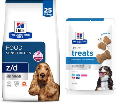 Paquete: alimento seco Hill's Prescription Diet z/d Original para pieles sensibles y sensibilidades alimentarias + premios Hypo-Treats para perros