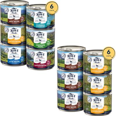 Bundle: ZIWI Peak Variety Pack Adult Grain-Free Beef, Chicken Pate Canned Food, 6-oz can, case of 6 + Variety Pack Adult Grain-Free Beef, Chicken, Lamb, Mackerel & Lamb, Tripe & Lamb, Venison Pate Canned Dog Food, 6-oz can, case of 6