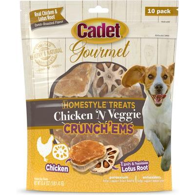 Golosinas para perros Gourmet Homestyle Lotus Root Crunch'ems con sabor a pollo y verduras, 10 unidades