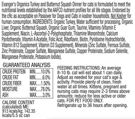 Comida enlatada para gatos Organics Turkey & Butternut Squash Dinner, 5.5 oz, caja de 24