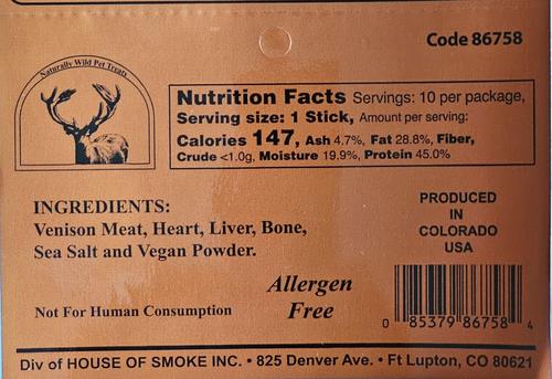 Venison Stick Dehydrated Dog Treats, 10 count