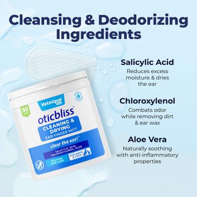 Oticbliss Cleaning & Drying Ear Finger Mitt Dog & Cat Ear Wipes, 50 count