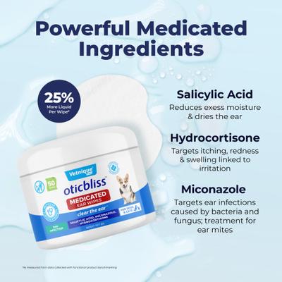 Oticbliss Medicated Dog Ear Wipes, 50 count