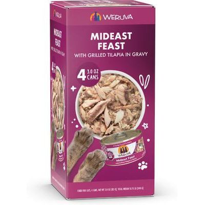 Comida húmeda para gatos Mideast Feast Grilled Tilapia in Gravy sin cereales, 3 oz, caja de 4
