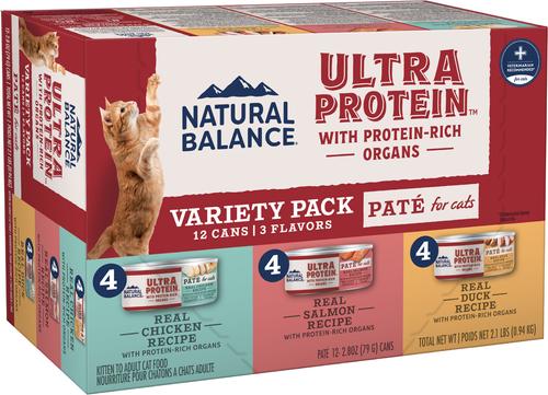 Ultra Protein Pate Variety Pack Chicken, Duck & Salmon Wet Cat Food, 2.8-oz can, case of 12