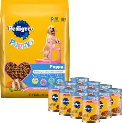 Paquete: Alimento seco Pedigree Puppy Growth & Protection con sabor a pollo y vegetales + Comida húmeda enlatada para cachorros con pollo y carne picada