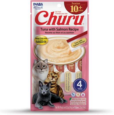Churu para gatos mayores de 10 años, receta de atún con salmón, golosinas para lamer, tubo de 0.5 oz, 4 unidades