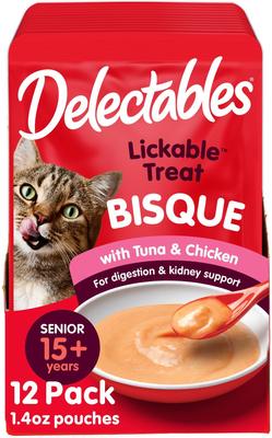 Delectables Bisque Senior 15 premios para lamer con atún y pollo para gatos, 1.4 oz, caja de 72