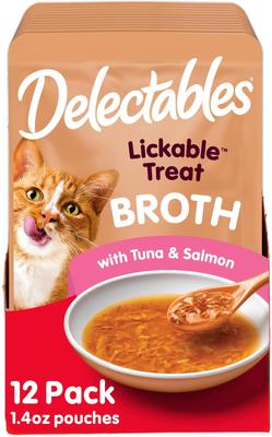 Delicias para lamer Delectables, caldos sabrosos de pollo y verduras, premios para lamer sin cereales para gatos, bolsa de 1.4 oz, paquete de 12