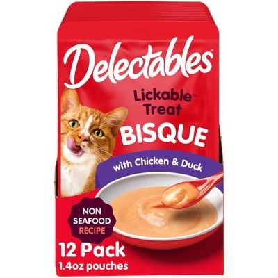 Bisque de golosinas para lamer Delectables, receta sin mariscos con pollo, golosinas para gatos para lamer, 1.4 oz, caja de 12