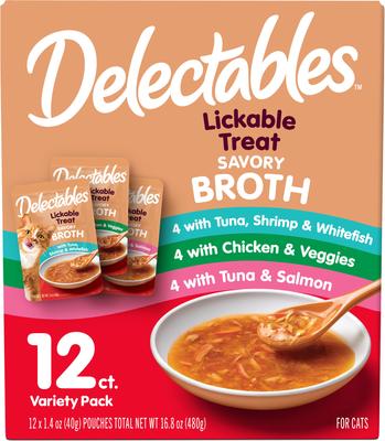 Delectables Lickable Treat Savory Broths Tuna, Shrimp & Whitefish Lickable Cat Treats, 1.4-oz pouch, pack of 12