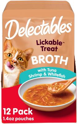 Delectables Lickable Treat Savory Broths Tuna, Shrimp & Whitefish Lickable Cat Treats, 1.4-oz pouch, pack of 12