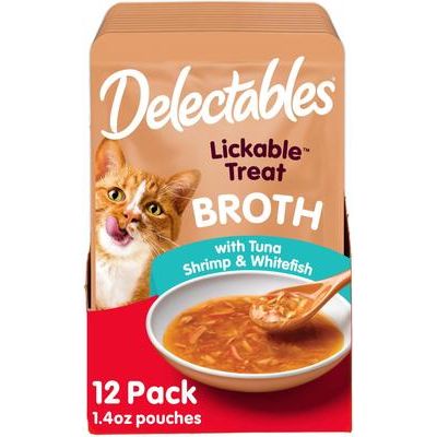Paquete variado de golosinas para lamer Delectables, caldo sabroso, golosinas para gatos, bolsa de 1.4 oz, 12 unidades