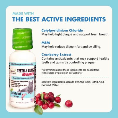 Suplemento para dientes y encías con sabor a mariscos para gatos, botella de 8 onzas líquidas