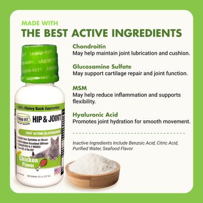 Suplemento para gatos con sabor a pollo para el apoyo de caderas y articulaciones, botella de 8 onzas líquidas
