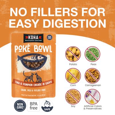 Comida húmeda para gatos Poké Bowl de atún y calabaza en salsa, bolsa de 3 oz, caja de 12