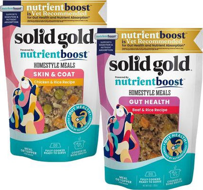 Bundle: Solid Gold Homestyle Meal Skin & Coat Support Chicken + Gut Health Beef Dog Food Topper, 9-oz pouches, case of 2