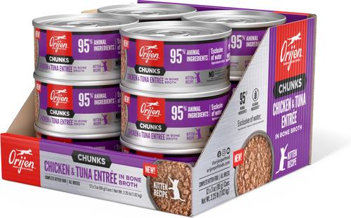 Comida húmeda para gatos Chunks & Shreds Kitten Chicken & Tuna Entree, lata de 3 oz, caja de 12