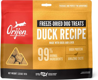 Premios liofilizados para perros Free Run Duck, sin cereales y con alto contenido proteico, bolsa de 3,25 oz