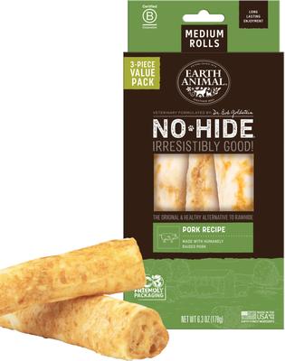 No-Hide Medium Rolls Long Lasting Natural Rawhide Alternative Pork Recipe Chew Dog Treats, 3 count