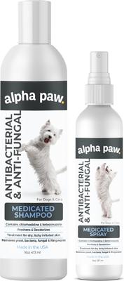 Paquete: Spray medicado antibacteriano y antimicótico Alpha Paw (botella de 8 oz) + Champú medicado antibacteriano y antimicótico para perros y gatos (botella de 16 oz)
