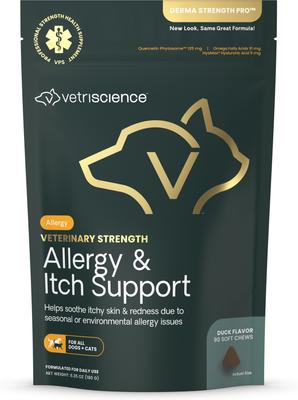 Veterinary Strength Allergy & Itch Support Derma Strength Pro Duck Flavored Soft Chew Allergy Supplement for Cats & Dogs, 90 count