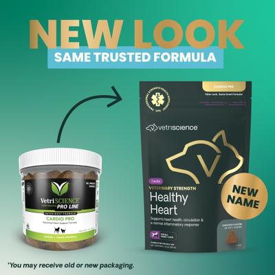 Suplemento masticable suave para el corazón con sabor a pollo Veterinary Strength Healthy Heart Cardio Pro para perros y gatos, 60 unidades