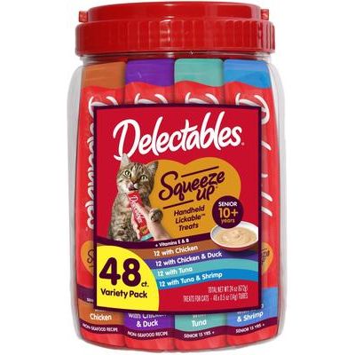 Delectables Squeeze Up Senior 10+ Paquete variado de premios para lamer para gatos, tubo de 0.5 oz, 48 unidades