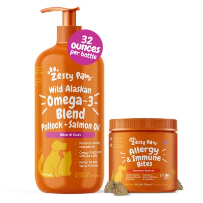 Bundle: Zesty Paws Wild Alaskan Salmon Oil Formula Liquid Skin & Coat Supplement, 32-oz bottle + Allergy Immune Bites Lamb Flavored Soft Chews Immune System & Allergy Supplement for Dogs, 90 count