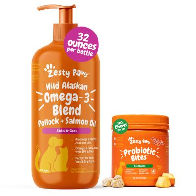 Bundle: Zesty Paws Wild Alaskan Salmon Oil Formula Liquid Skin & Coat Supplement, 32-oz bottle + Probiotic Bites Pumpkin Flavored Soft Chews Gut Flora & Digestive Supplement for Dogs, 90 count