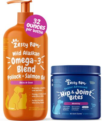 Bundle: Zesty Paws Wild Alaskan Salmon Oil Formula Liquid Skin & Coat Supplement, 32-oz bottle + Advanced Mobility Bites Chicken Flavored Soft Chews Glucosamine Hip & Joint Supplement for Senior Dogs, 90 count