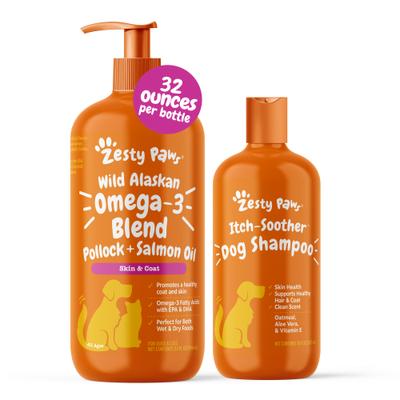 Bundle: Zesty Paws Wild Alaskan Salmon Oil Formula Liquid Skin & Coat Supplement, 32-fl oz bottle + Itch Soother Oatmeal & Aloe Vera Skin Moisture & Shiny Coats Vanilla Bean Scent Dog Shampoo
