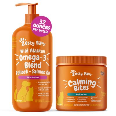 Bundle: Zesty Paws Wild Alaskan Salmon Oil Formula Liquid Skin & Coat Supplement, 32-oz bottle + Calming Bites Bacon Flavored Soft Chews Supplement for Cats, 60 count