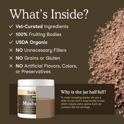 Fera Pets, Mushroom Blend for Immune Support USDA Organic for Dogs and Cats. 120 scoops