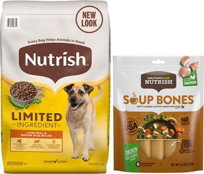 Paquete: Alimento seco Nutrish Just 9 de Rachael Ray con harina de cordero y arroz integral (receta de ingredientes limitados) + golosinas para perros con sabor a pollo y verduras y huesos para sopa.