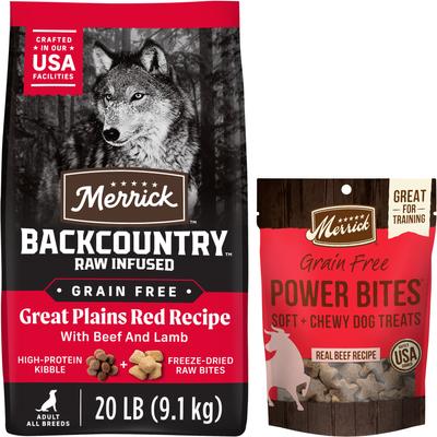 Paquete: Alimento seco sin cereales Merrick Backcountry Raw con infusión Great Plains Red Recipe + Power Bites Real Texas Beef Recipe, premios suaves y masticables sin cereales para perros