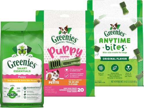 Bundle: Puppy Variety Pack: Greenies Petite Dental Treats, 20 count + Greenies Smart Essentials High Protein Real Chicken & Brown Rice Dry Food, 5.5-lb bag + Greenies Anytime Bites Original Chicken Flavor Soft & Chewy Treats, 24-oz bag