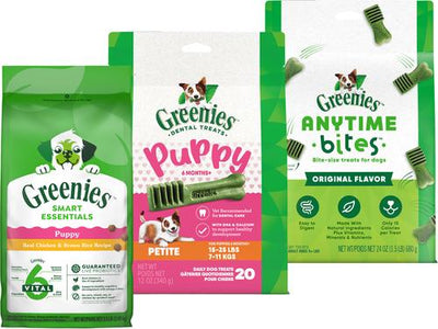 Bundle: Puppy Variety Pack: Greenies Petite Dental Treats, 20 count + Greenies Smart Essentials High Protein Real Chicken & Brown Rice Dry Food, 5.5-lb bag + Greenies Anytime Bites Original Chicken Flavor Soft & Chewy Treats, 24-oz bag