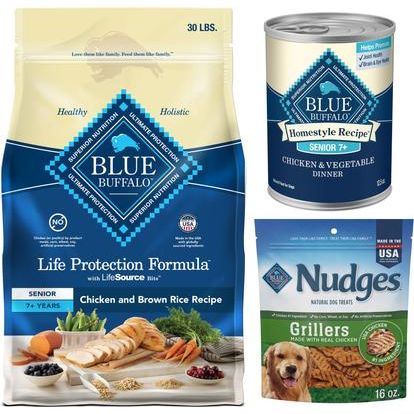 Bundle: Blue Buffalo Life Protection Formula Senior Chicken & Brown Rice Recipe Dry Dog Food, 30-lb bag + Homestyle Recipe Chicken Dinner with Garden Vegetables Senior Wet Dog Food, 12.5-oz, case of 12 + Nudges Grillers Chicken Dog Treats, 16-oz bag