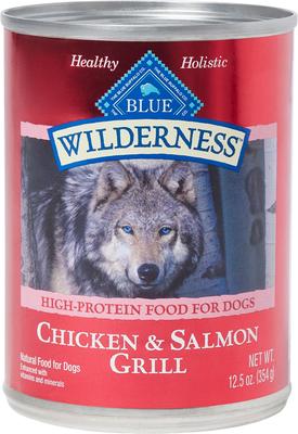 Bundle: Blue Buffalo Wilderness Variety Pack: Salmon Recipe Adult High-Protein Grain-Free Dry Food, 24-lb bag + Salmon & Chicken High-Protein Grain-Free Adult Canned Food, 12.5-oz, case of 12 + Trail Treats Grain-Free Salmon Biscuits Dog Treats, 24-oz bag