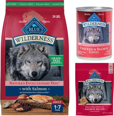 Bundle: Blue Buffalo Wilderness Variety Pack: Salmon Recipe Adult High-Protein Grain-Free Dry Food, 24-lb bag + Salmon & Chicken High-Protein Grain-Free Adult Canned Food, 12.5-oz, case of 12 + Trail Treats Grain-Free Salmon Biscuits Dog Treats, 24-oz bag