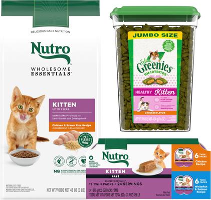 Bundle: Kitten Variety Pack: Nutro Perfect Portions Variety Pack Pate Wet Food, 2.6-oz, case of 12 twin-packs + Greenies Smartbites Chicken Flavor Crunchy Treat, 16-oz tub + Nutro Wholesome Essentials Chicken & Brown Rice Recipe Dry Food, 3-lb bag